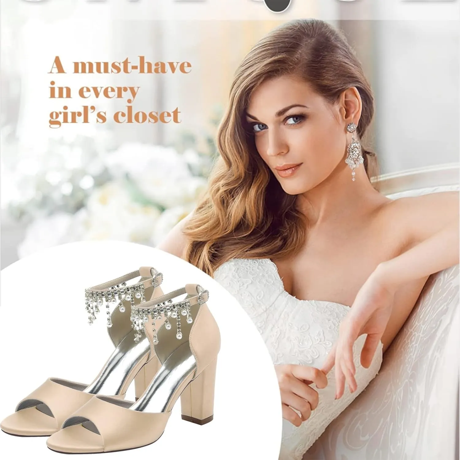 3.3'' Women's Chunky Heel Sandal Peep Toe Ankle Strap Dress Shoes for Bridesmaid Wedding Bridal Wedding Shoes with Pearl Tassel