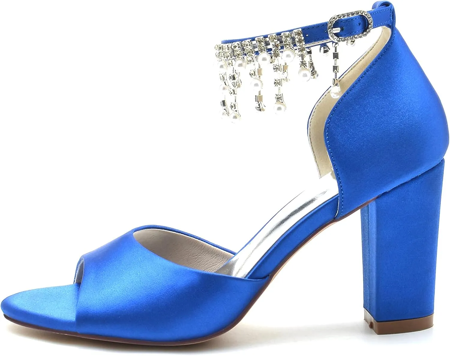 3.3'' Women's Chunky Heel Sandal Peep Toe Ankle Strap Dress Shoes for Bridesmaid Wedding Bridal Wedding Shoes with Pearl Tassel
