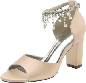 3.3'' Women's Chunky Heel Sandal Peep Toe Ankle Strap Dress Shoes for Bridesmaid Wedding Bridal Wedding Shoes with Pearl Tassel