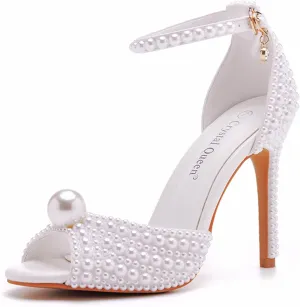 4.15 Inches White Pearls Peep Toe High Heel Sandals Bridal Wedding Pump Shoes Bride Wedding Party Evening Dress Shoes