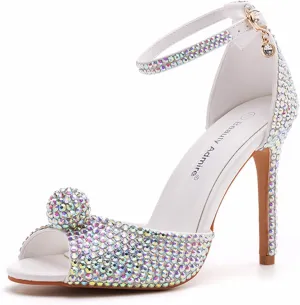 4.15 Inches White Pearls Peep Toe High Heel Sandals Bridal Wedding Pump Shoes Bride Wedding Party Evening Dress Shoes