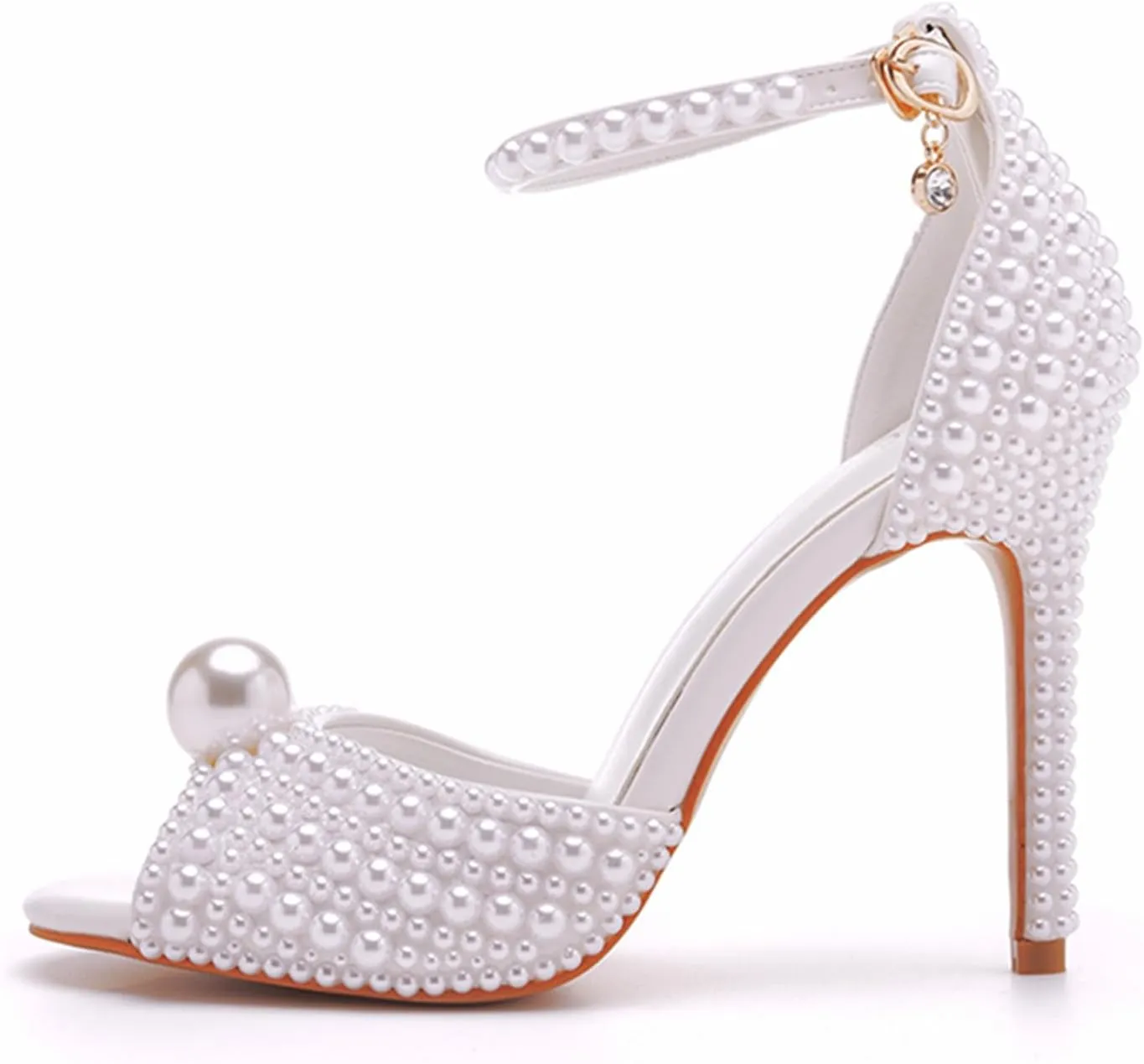 4.15 Inches White Pearls Peep Toe High Heel Sandals Bridal Wedding Pump Shoes Bride Wedding Party Evening Dress Shoes