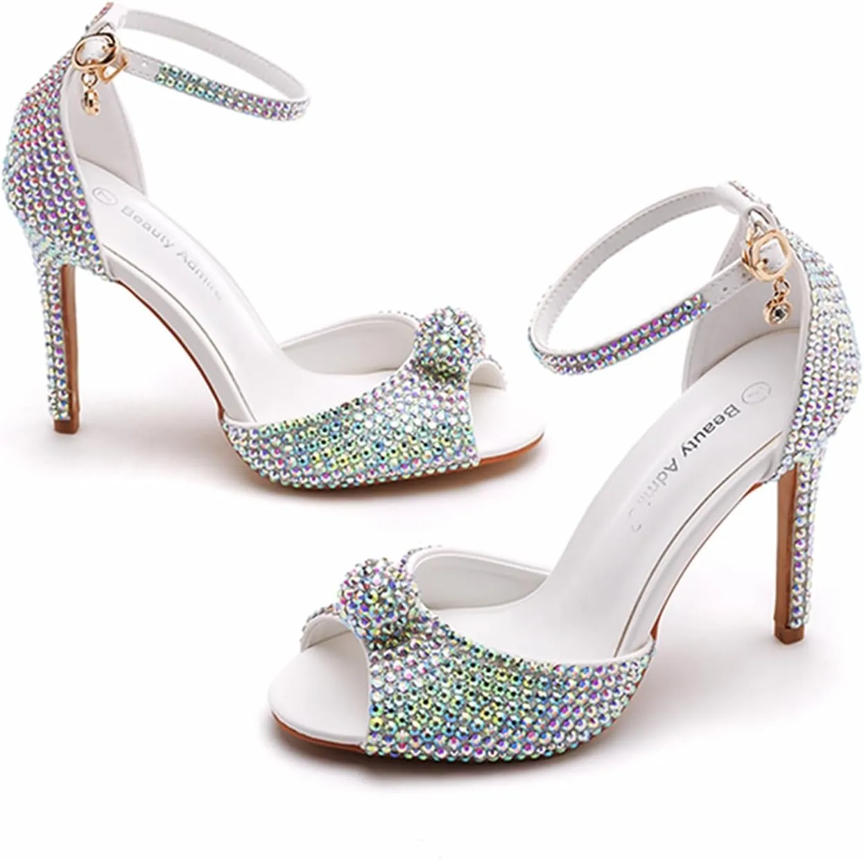 4.15 Inches White Pearls Peep Toe High Heel Sandals Bridal Wedding Pump Shoes Bride Wedding Party Evening Dress Shoes
