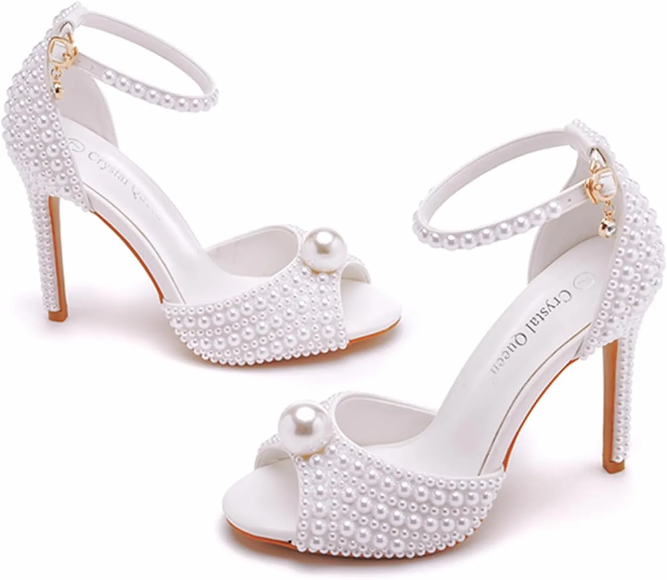 4.15 Inches White Pearls Peep Toe High Heel Sandals Bridal Wedding Pump Shoes Bride Wedding Party Evening Dress Shoes