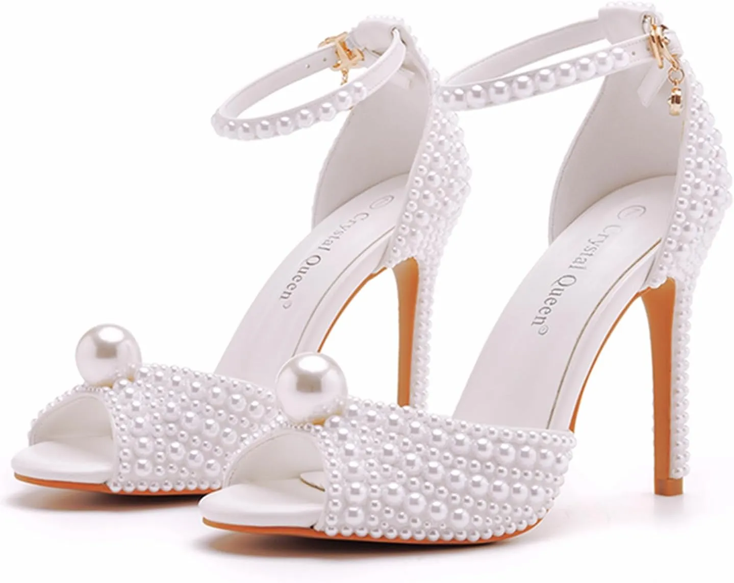 4.15 Inches White Pearls Peep Toe High Heel Sandals Bridal Wedding Pump Shoes Bride Wedding Party Evening Dress Shoes