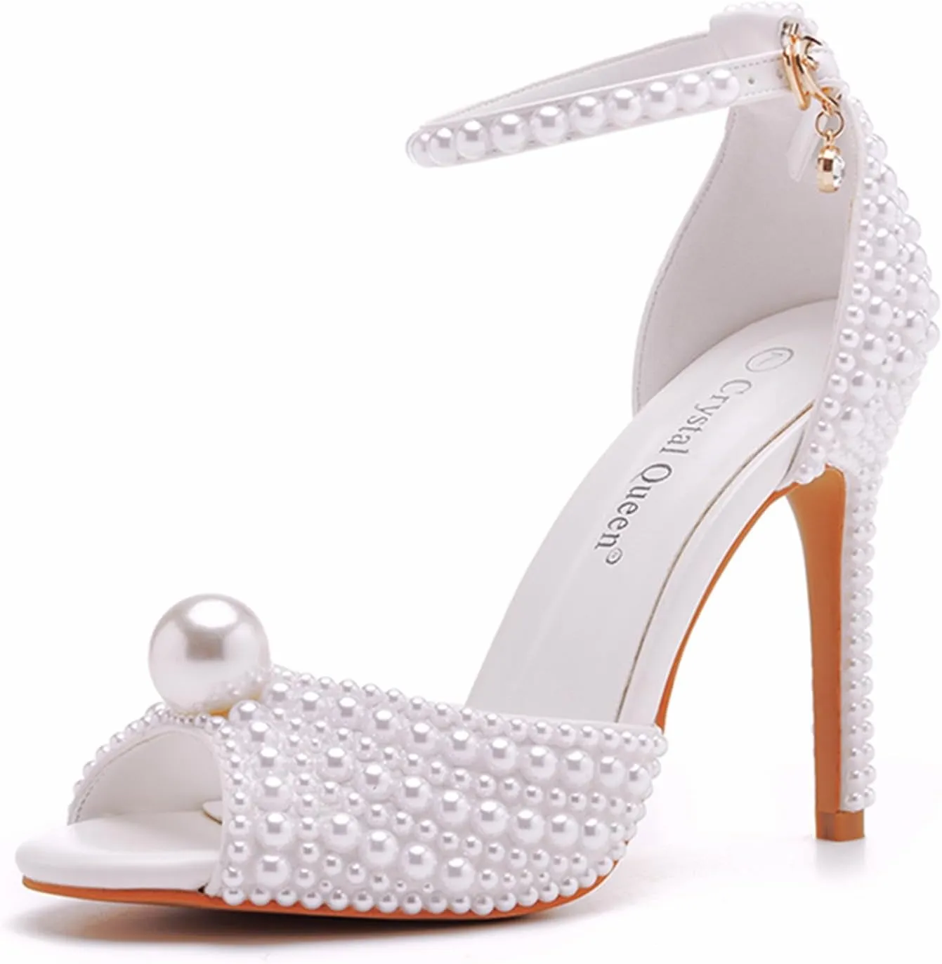 4.15 Inches White Pearls Peep Toe High Heel Sandals Bridal Wedding Pump Shoes Bride Wedding Party Evening Dress Shoes