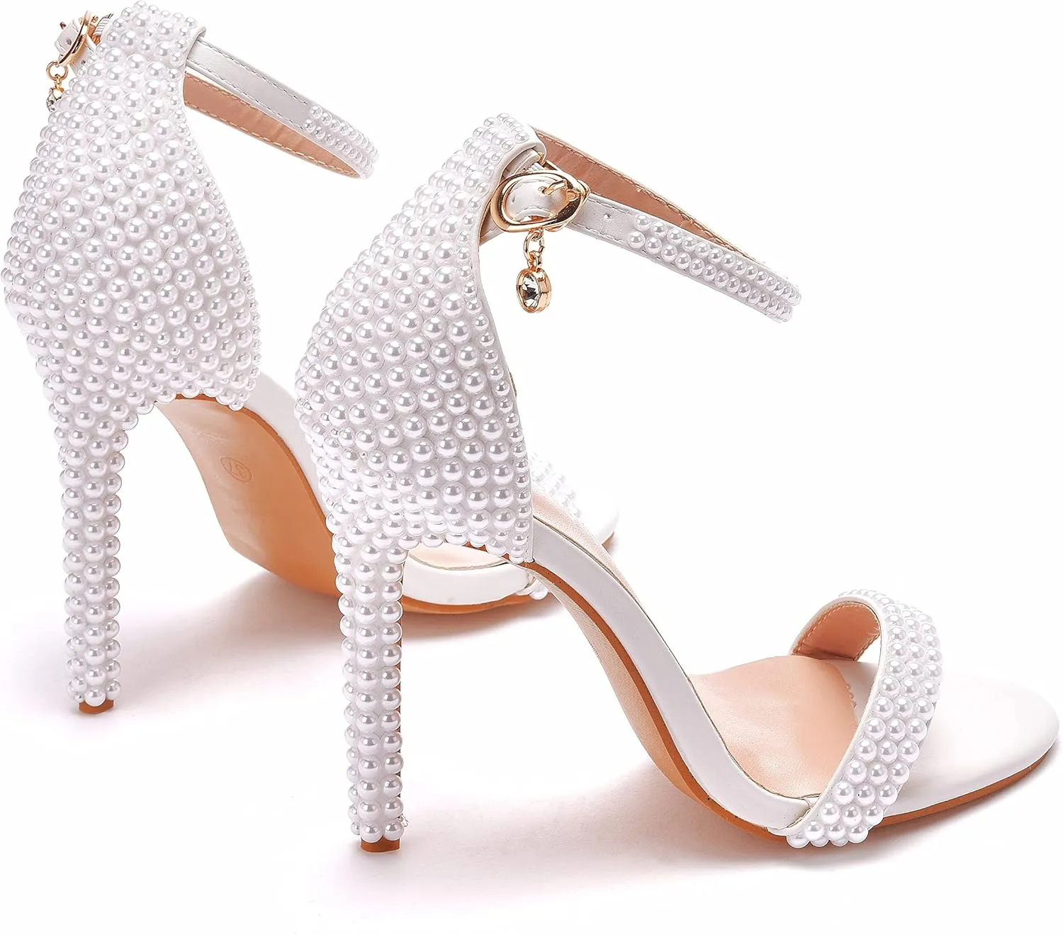 4.3'' Ivory Pearls Stiletto Heels Sandals Peep Toe Women's High Heel Sandals Pump Shoes for Bride Wedding Party Evening Dress Shoes