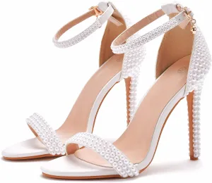 4.3'' Ivory Pearls Stiletto Heels Sandals Peep Toe Women's High Heel Sandals Pump Shoes for Bride Wedding Party Evening Dress Shoes
