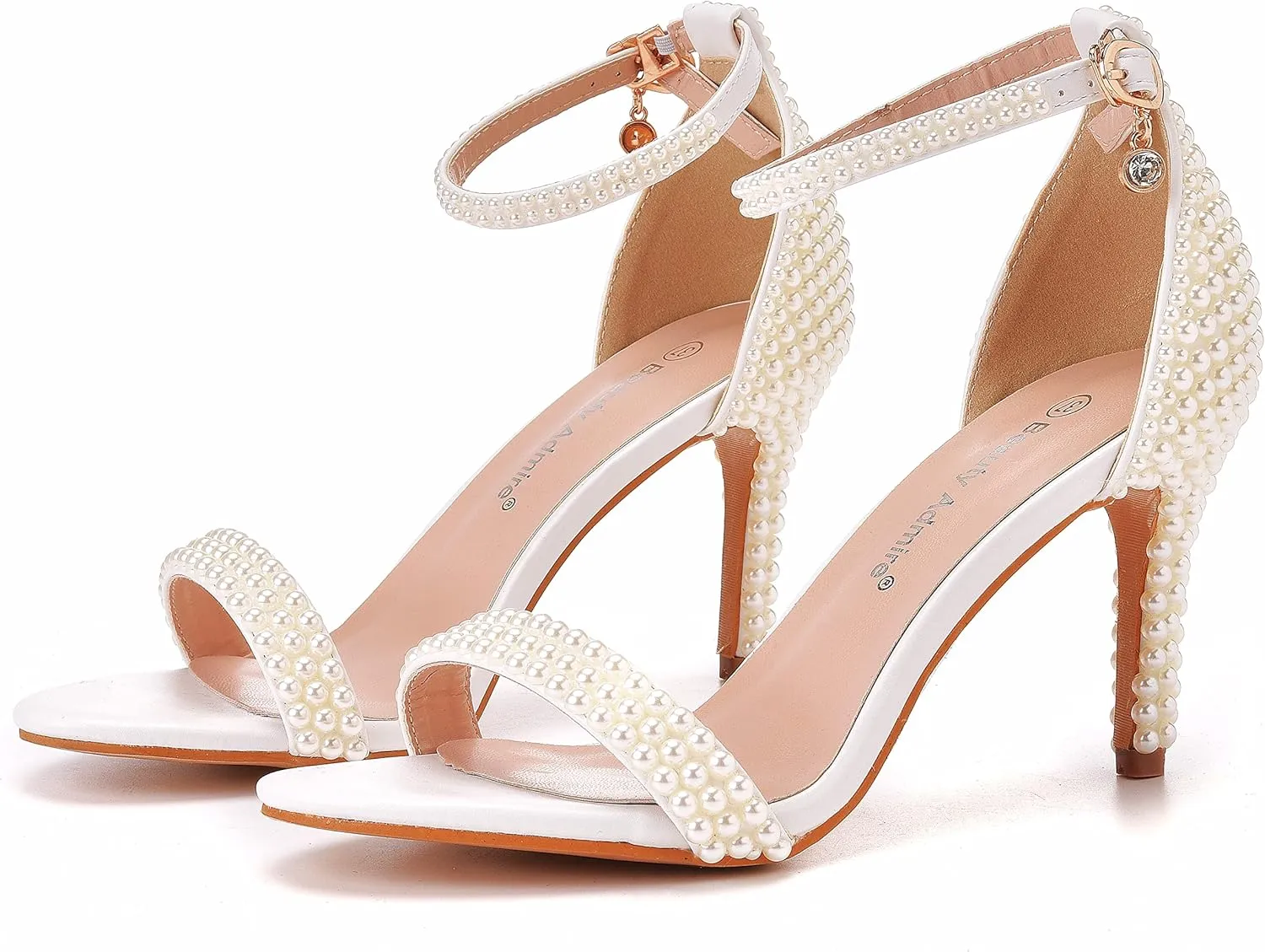 4.3'' Ivory Pearls Stiletto Heels Sandals Peep Toe Women's High Heel Sandals Pump Shoes for Bride Wedding Party Evening Dress Shoes