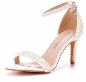 4.3'' Ivory Pearls Stiletto Heels Sandals Peep Toe Women's High Heel Sandals Pump Shoes for Bride Wedding Party Evening Dress Shoes