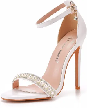 4.3'' Rhinestone Pearls Stiletto Heels Sandals Peep Toe Women's High Heel Sandals Pump Shoes For Bride Wedding Party Evening Dress Shoes