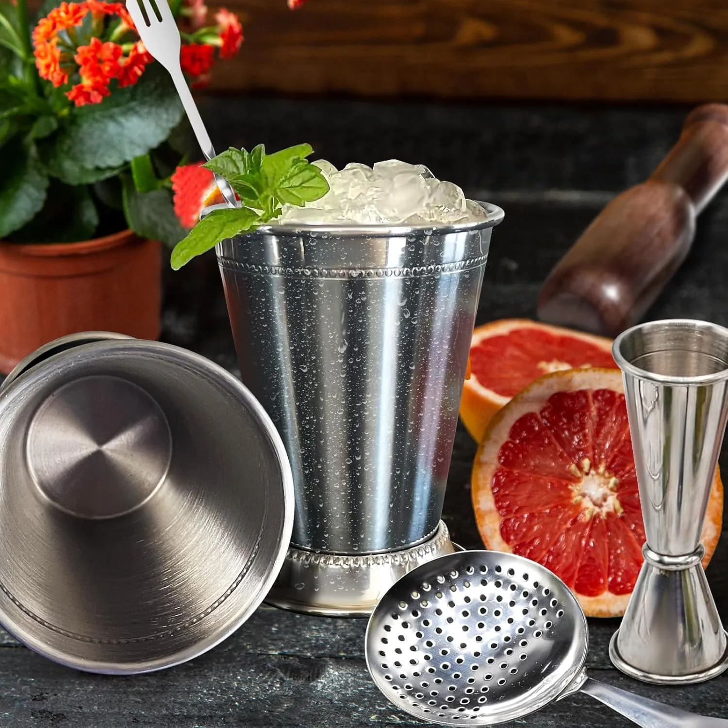 5 Pcs Mint Julep Cups Set 12 oz Stainless Steel Beaded Mint Julep Cups Silver with Jigger, Strainer, Stirring Spoon, Wooden Muddler for Derby Day Mint Julep Cocktails Beer Juice Beverage