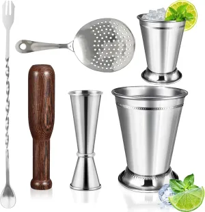 5 Pcs Mint Julep Cups Set 12 oz Stainless Steel Beaded Mint Julep Cups Silver with Jigger, Strainer, Stirring Spoon, Wooden Muddler for Derby Day Mint Julep Cocktails Beer Juice Beverage