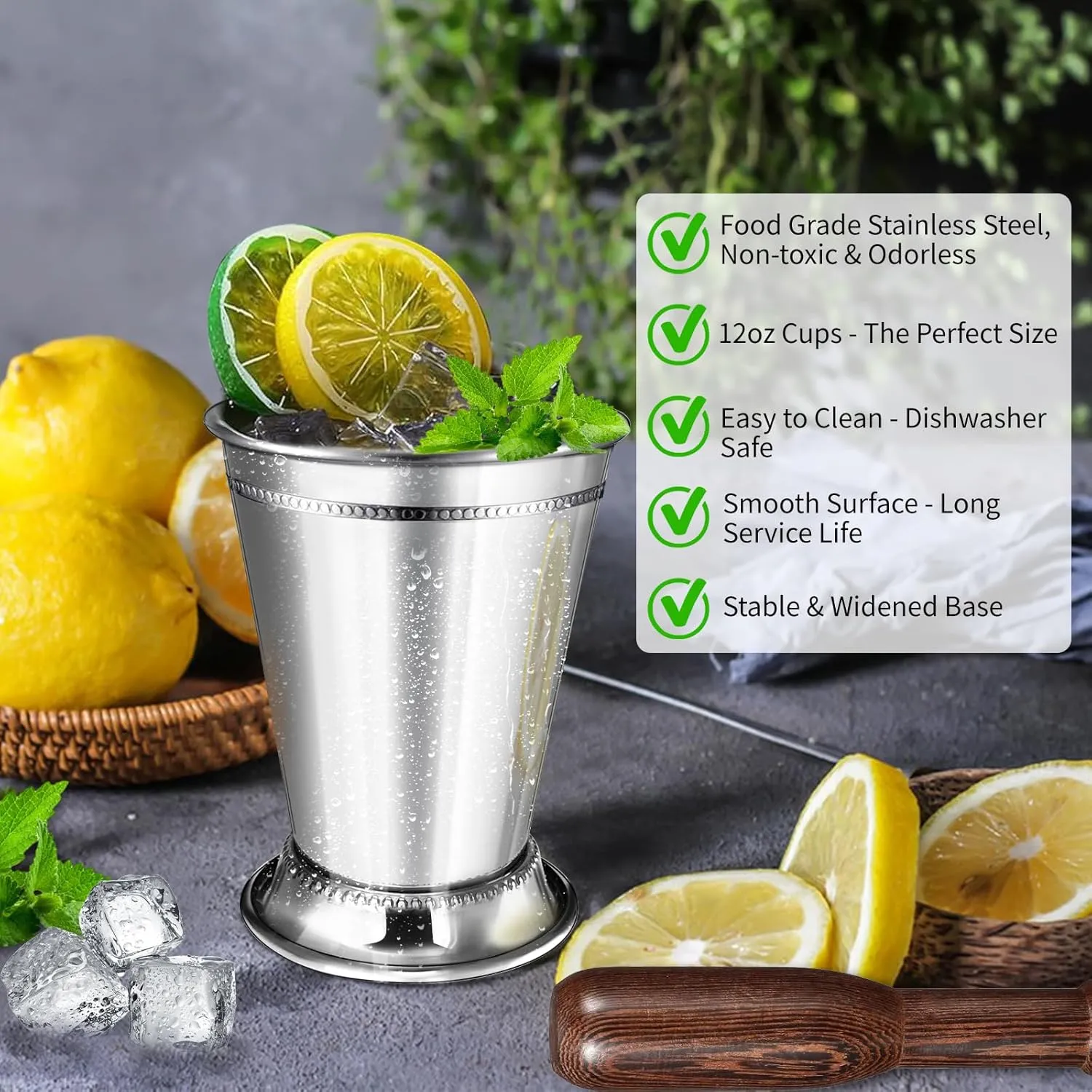 5 Pcs Mint Julep Cups Set 12 oz Stainless Steel Beaded Mint Julep Cups Silver with Jigger, Strainer, Stirring Spoon, Wooden Muddler for Derby Day Mint Julep Cocktails Beer Juice Beverage