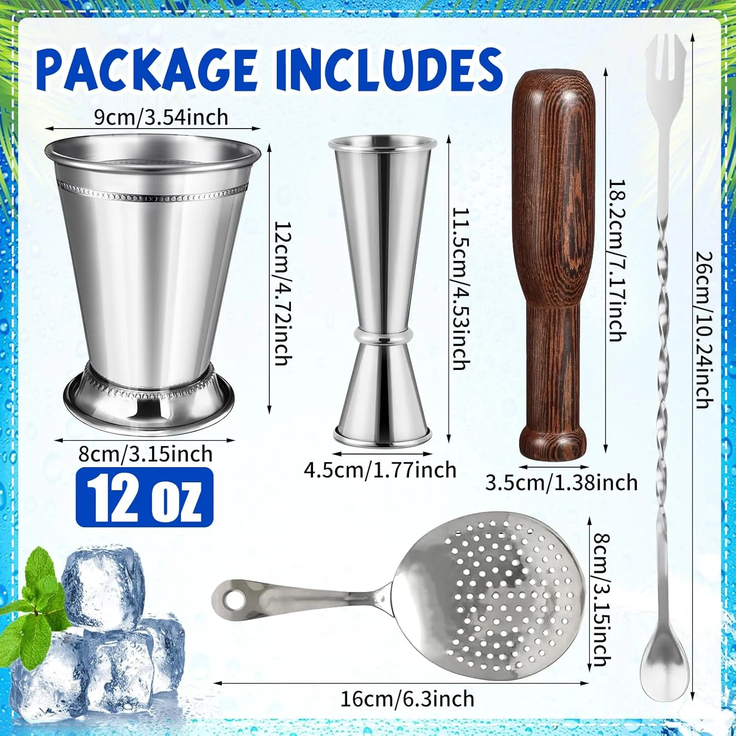 5 Pcs Mint Julep Cups Set 12 oz Stainless Steel Beaded Mint Julep Cups Silver with Jigger, Strainer, Stirring Spoon, Wooden Muddler for Derby Day Mint Julep Cocktails Beer Juice Beverage