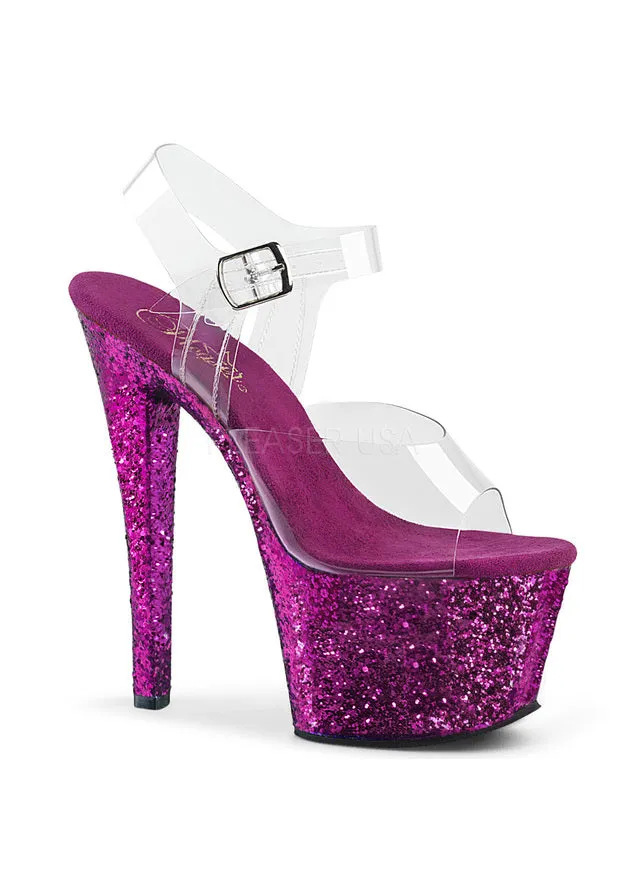 7" Heel, 2 3/4" PF Ankle Strap Sandal w/ Glitter Bottom