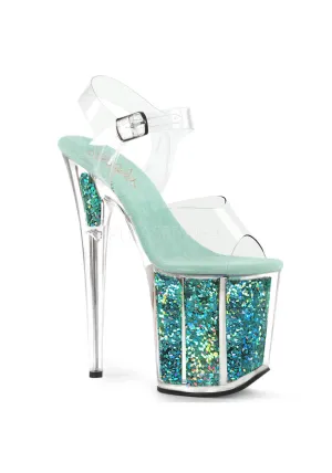 8" Heel, 4" Glitter Filled PF Ankle Strap Sandal