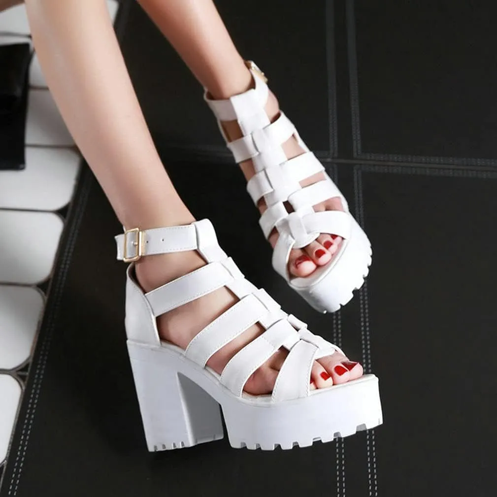 Agodor Women's Strappy Chunky Heeled Roman Gladiator Sandals High Heels Gothic Platform Open Toe Caged Shoes