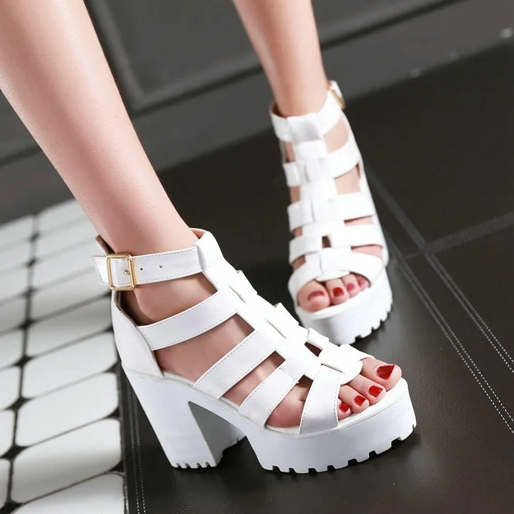 Agodor Women's Strappy Chunky Heeled Roman Gladiator Sandals High Heels Gothic Platform Open Toe Caged Shoes