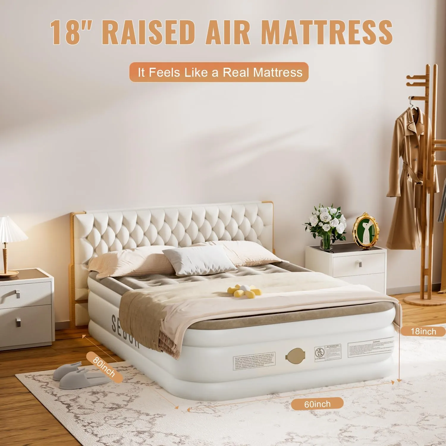 Air Mattress Queen with Built in Pump, 18" Ultimate Comfort Blow up Mattress Queen with Rechargeable Pump, Colchon Inflatable Mattress for Home, Guest, Camping & Office, Air Bed 660lbs Max