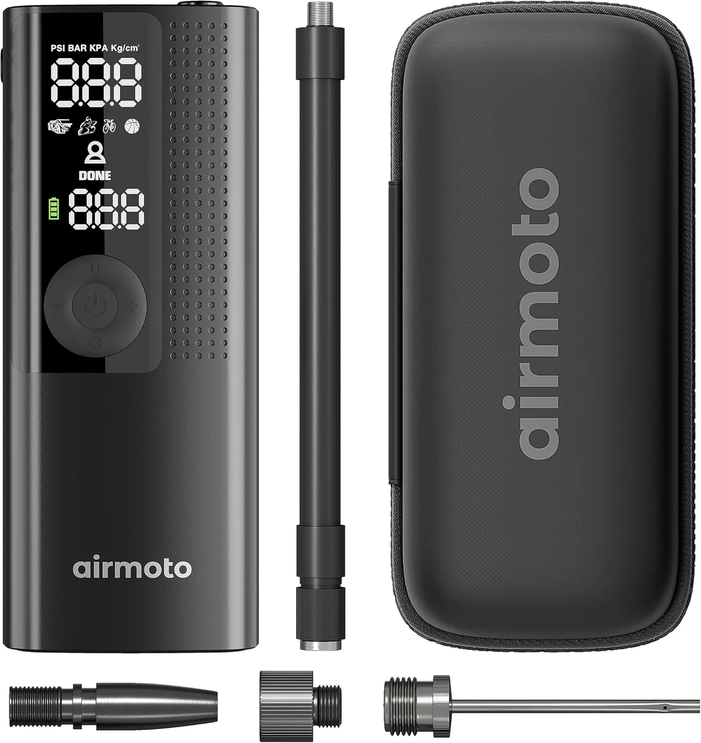 Airmoto and Carrying Case Bundle Deal - Tire Inflator Portable Air Compressor with Hard Case - Air Pump for Car Tires, Motorcycle, Bicycle - Cordless Tire Pump with Tire Pressure Gauge