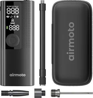 Airmoto and Carrying Case Bundle Deal - Tire Inflator Portable Air Compressor with Hard Case - Air Pump for Car Tires, Motorcycle, Bicycle - Cordless Tire Pump with Tire Pressure Gauge
