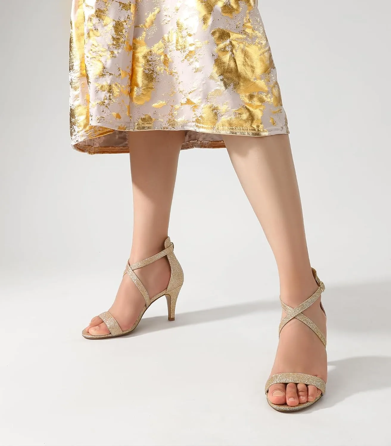 Ankis Nude Gold Black Heels Strappy Heels for Women 3 Inch Stiletto Open Toe Sandals for Wedding Evening Party Homecoming