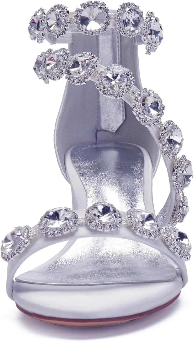 Anna's Bridal White Block Heels Sandals for Women Wide Width Crystal Wedding Shoes for Bride Low Heel Comfortable Pump for Prom Party