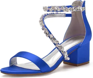 Anna's Bridal White Block Heels Sandals for Women Wide Width Crystal Wedding Shoes for Bride Low Heel Comfortable Pump for Prom Party