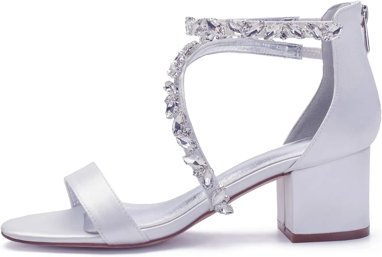 Anna's Bridal White Block Heels Sandals for Women Wide Width Crystal Wedding Shoes for Bride Low Heel Comfortable Pump for Prom Party