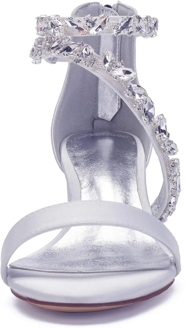 Anna's Bridal White Block Heels Sandals for Women Wide Width Crystal Wedding Shoes for Bride Low Heel Comfortable Pump for Prom Party