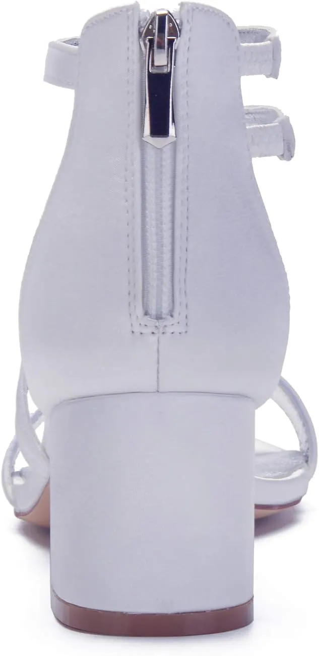 Anna's Bridal White Block Heels Sandals for Women Wide Width Crystal Wedding Shoes for Bride Low Heel Comfortable Pump for Prom Party