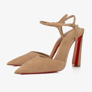 Beige Velvet Beak-Toe Pumps