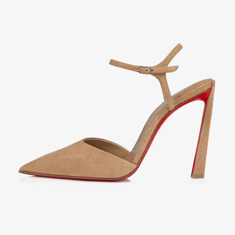 Beige Velvet Beak-Toe Pumps