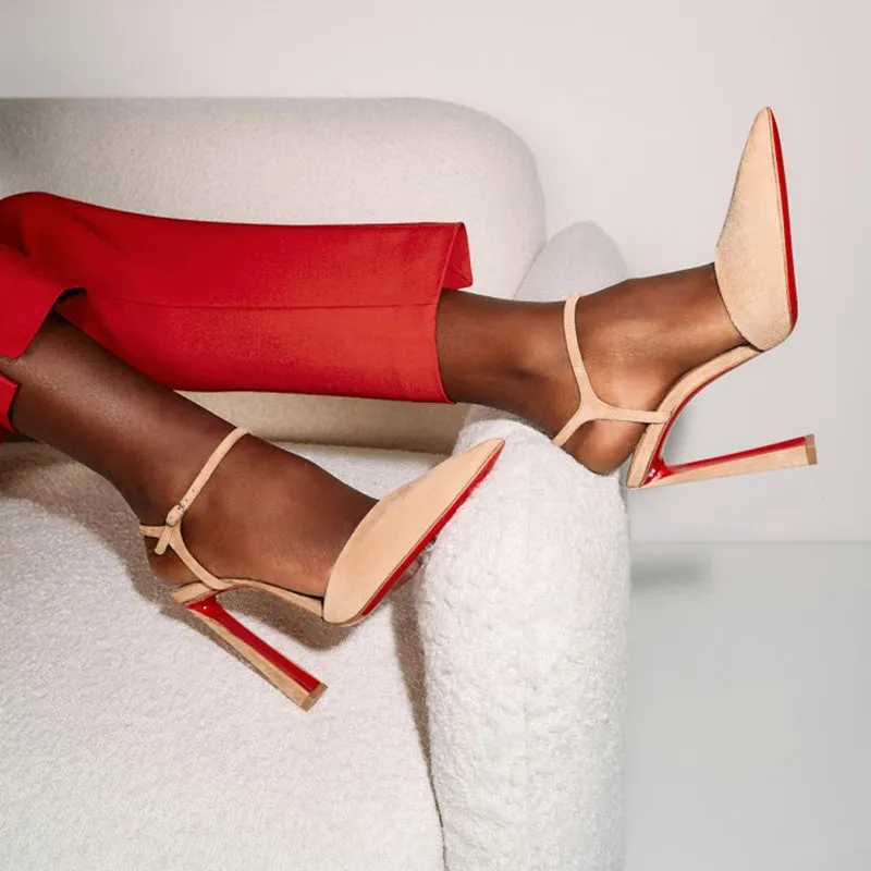 Beige Velvet Beak-Toe Pumps