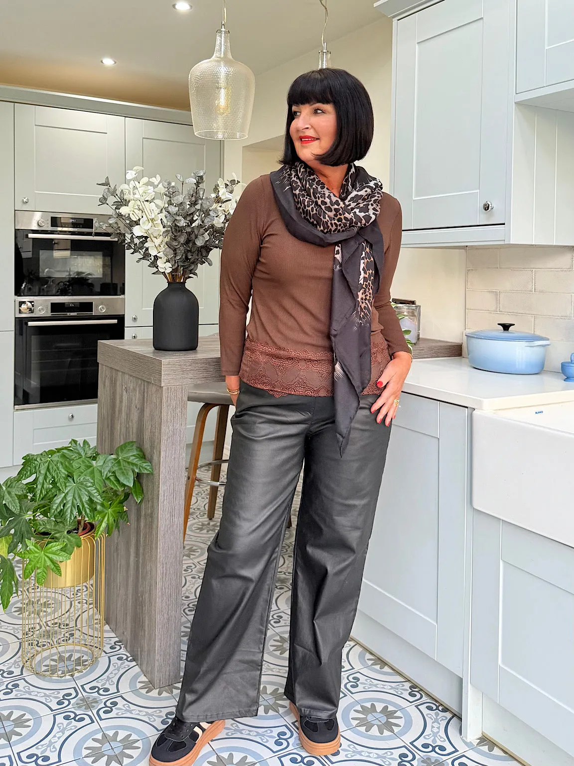 Black Wide Leg Drawstring Pleather Trousers