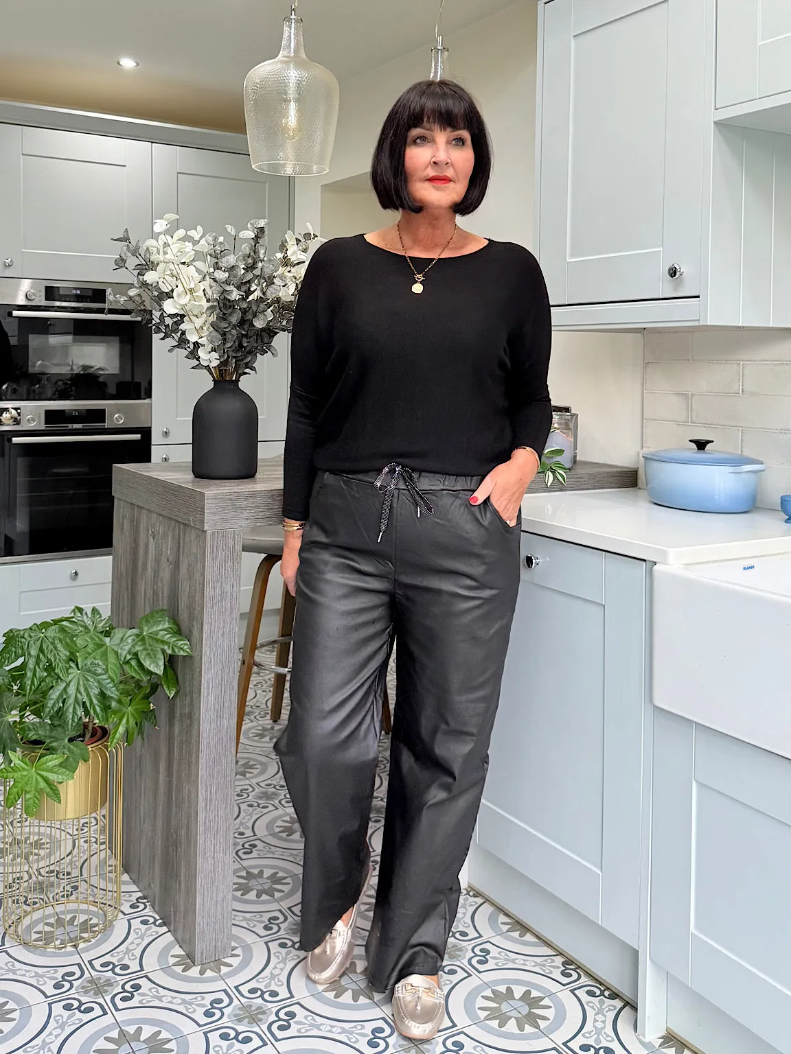 Black Wide Leg Drawstring Pleather Trousers