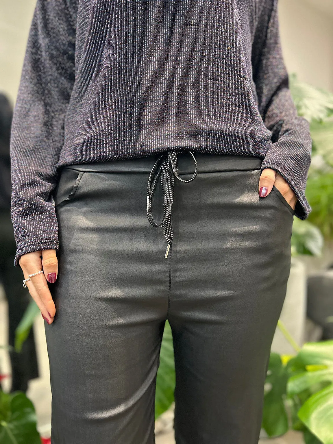 Black Wide Leg Drawstring Pleather Trousers