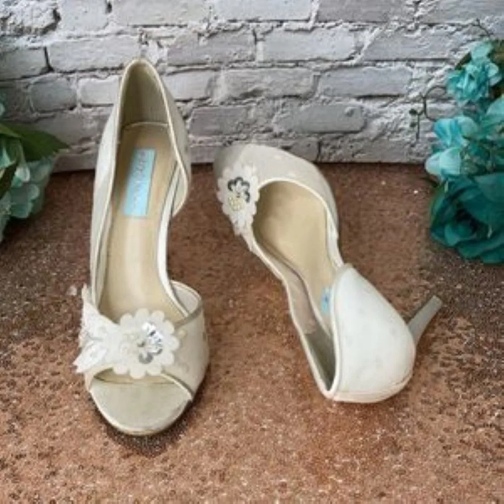 Blue White Anise Peep-Toe d'Orsay Evening Pumps 6.5