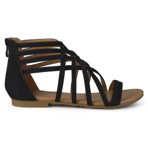 Brinley Co Womens Hex Wide Width Strappy Gladiator Flat Sandals Black, 7.5 Wide Width US