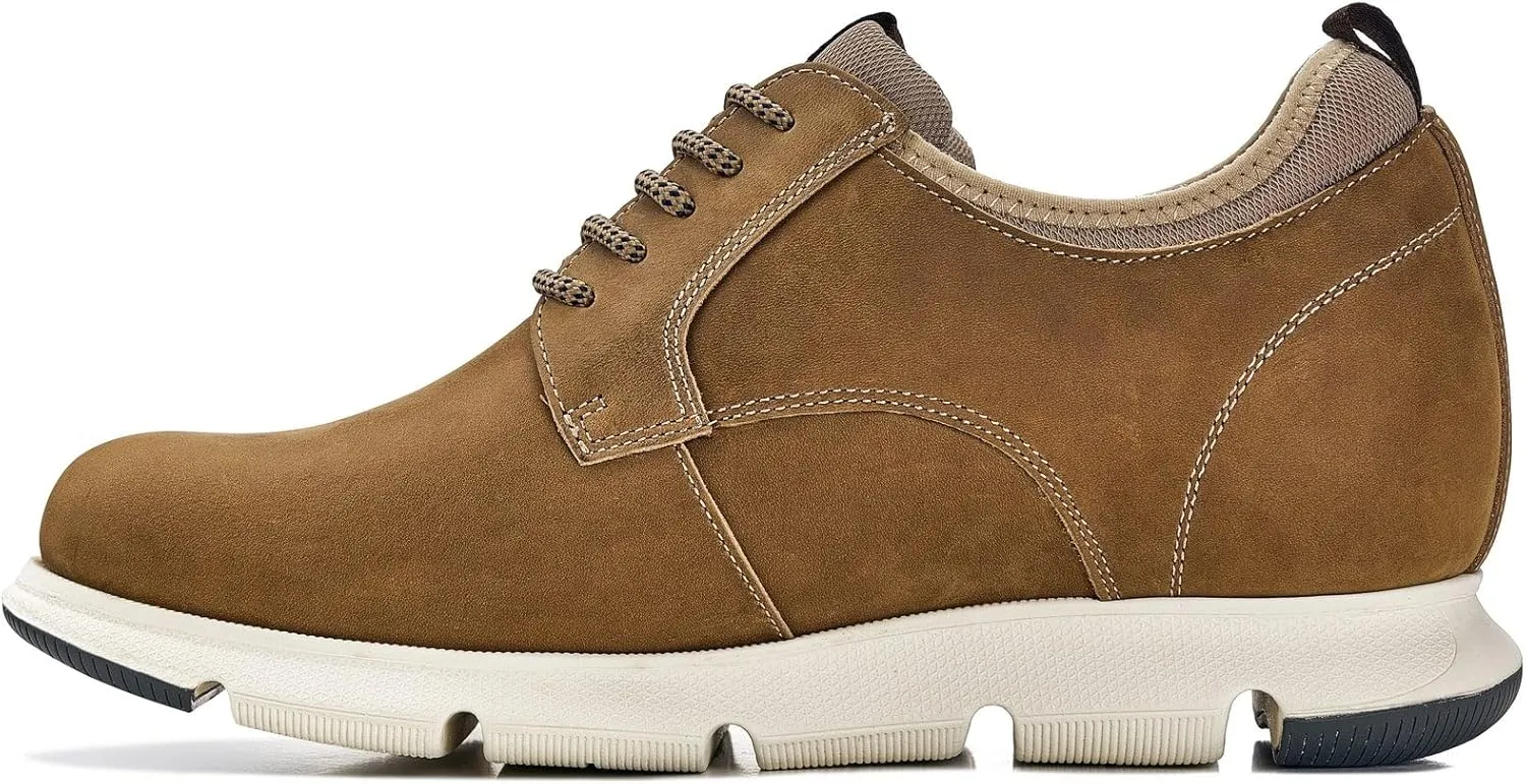 CALTO Men's Invisible Height Increasing Elevator Shoes - Tan Brown Lace-up Premium Leather Casual Derby - 3.3 Inches Taller - J1200 - Size 8 D(M) US