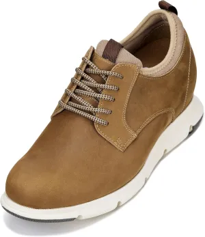 CALTO Men's Invisible Height Increasing Elevator Shoes - Tan Brown Lace-up Premium Leather Casual Derby - 3.3 Inches Taller - J1200 - Size 8 D(M) US