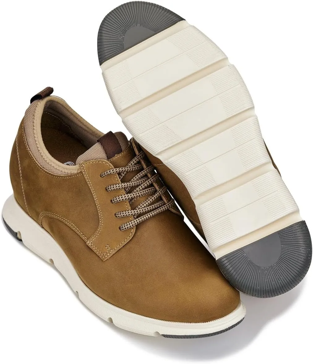 CALTO Men's Invisible Height Increasing Elevator Shoes - Tan Brown Lace-up Premium Leather Casual Derby - 3.3 Inches Taller - J1200 - Size 8 D(M) US