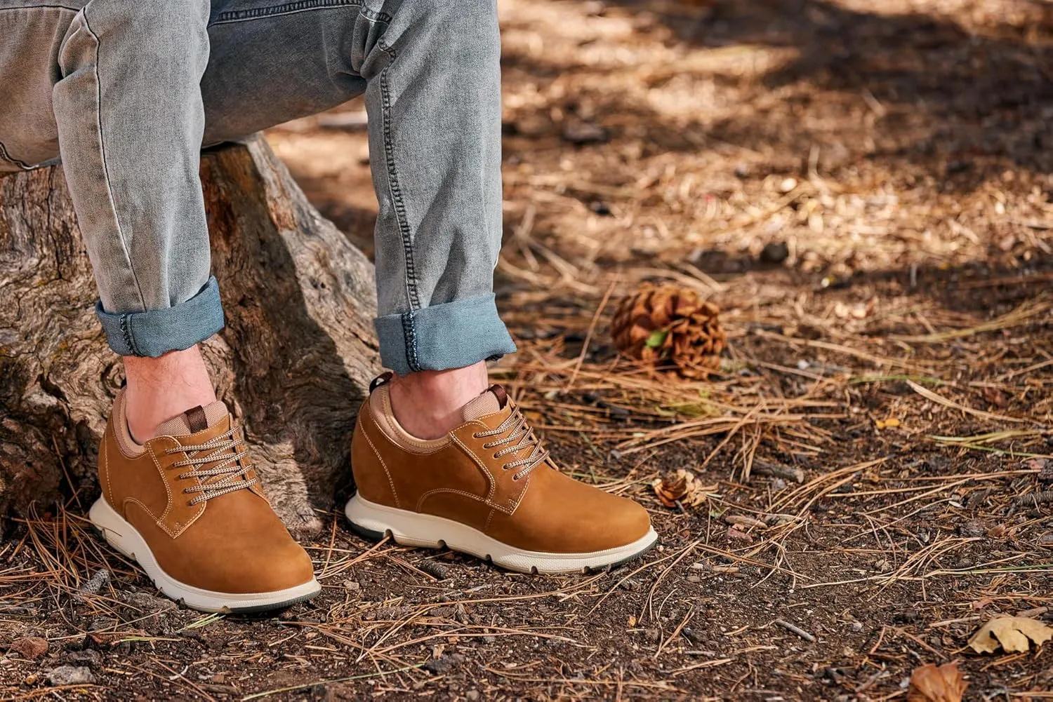 CALTO Men's Invisible Height Increasing Elevator Shoes - Tan Brown Lace-up Premium Leather Casual Derby - 3.3 Inches Taller - J1200 - Size 8 D(M) US