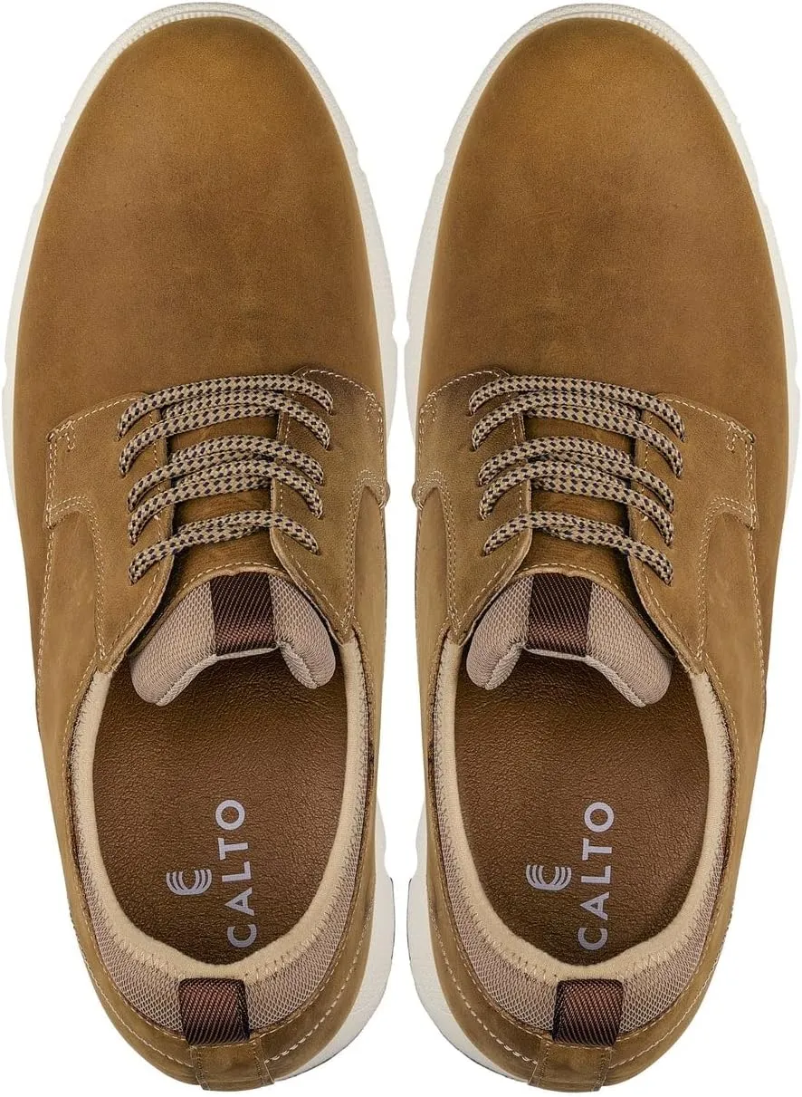 CALTO Men's Invisible Height Increasing Elevator Shoes - Tan Brown Lace-up Premium Leather Casual Derby - 3.3 Inches Taller - J1200 - Size 8 D(M) US