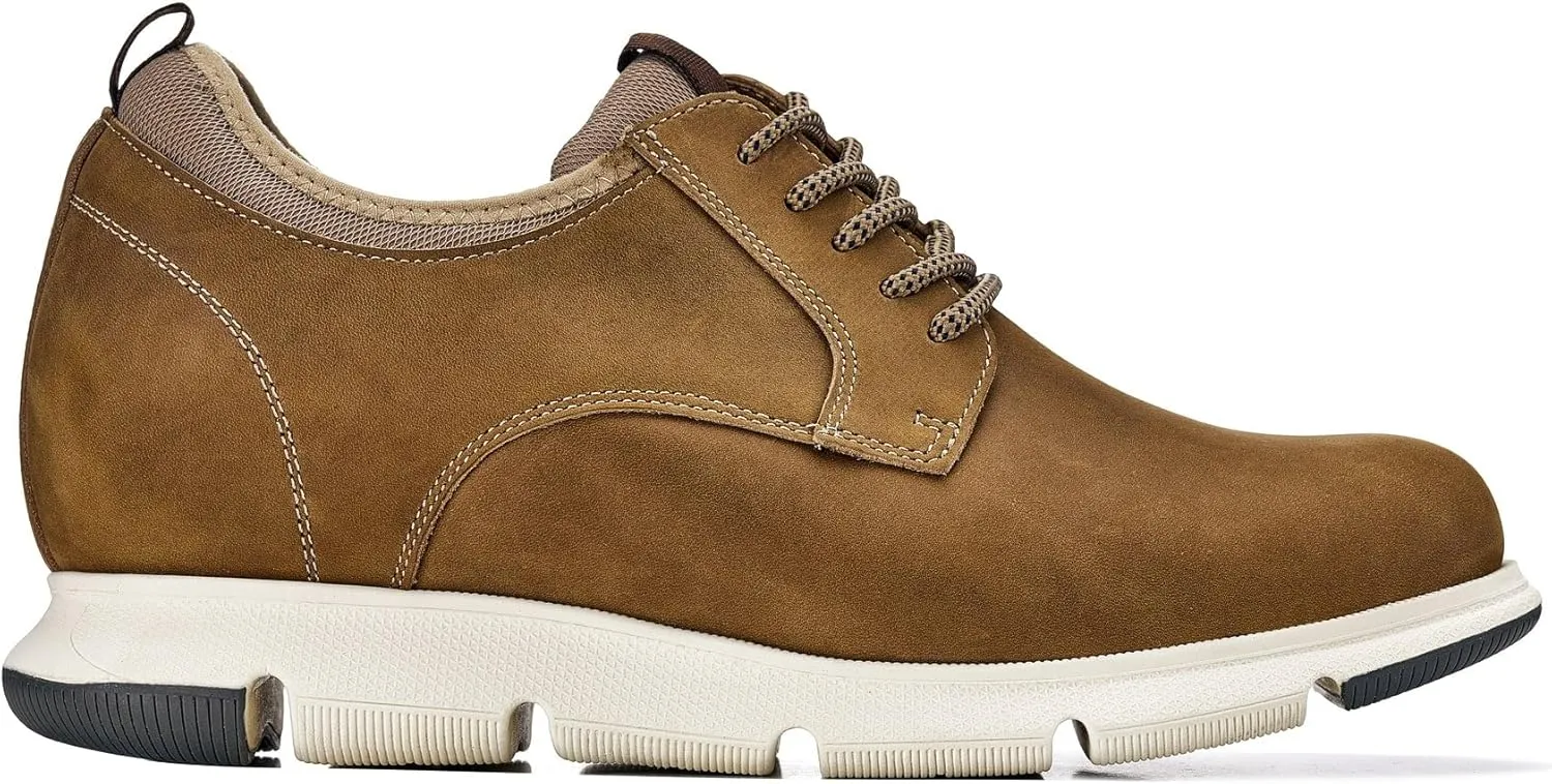 CALTO Men's Invisible Height Increasing Elevator Shoes - Tan Brown Lace-up Premium Leather Casual Derby - 3.3 Inches Taller - J1200 - Size 8 D(M) US