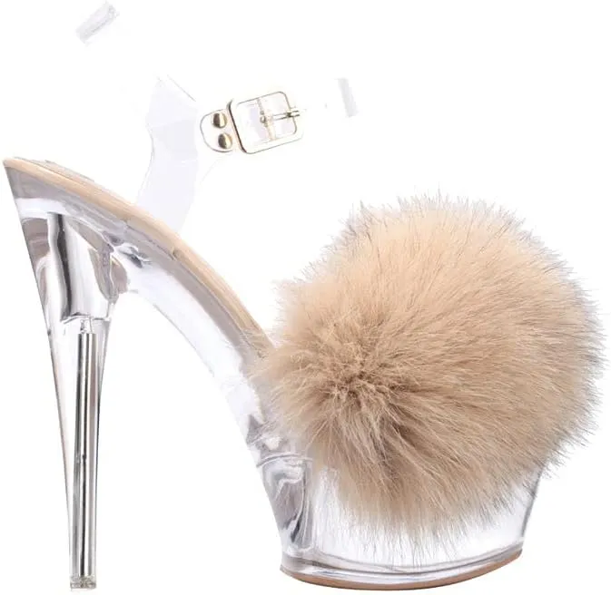 Cape Robbin Suki Clear Black Multi Fur High Heel Platfrom Striper Glass Shoes
