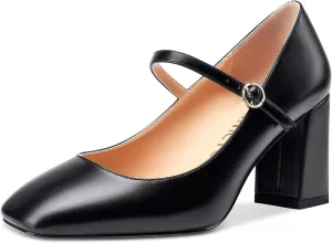 Castamere Ladies Chunky Heel Square-Toe Mary Jane Pumps Strappy Sexy Elegant Pump 3 Inch Heels