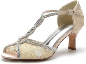 COMFASH 6.5Cm Bridal Wedding Shoes Women's Silk Like Satin Stiletto Heel Peep Toe Girl's Glitter Strappy Ankle T Strap Kitten Heel Sandal