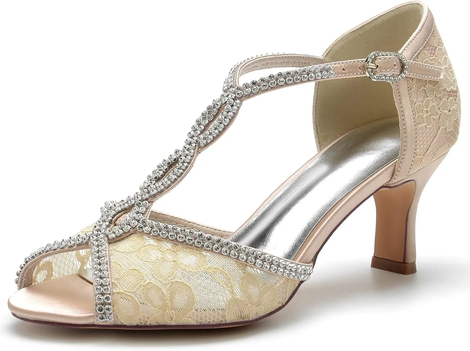 COMFASH 6.5Cm Bridal Wedding Shoes Women's Silk Like Satin Stiletto Heel Peep Toe Girl's Glitter Strappy Ankle T Strap Kitten Heel Sandal